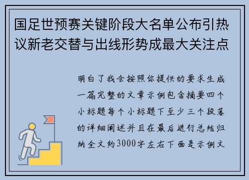 国足世预赛关键阶段大名单公布引热议新老交替与出线形势成最大关注点