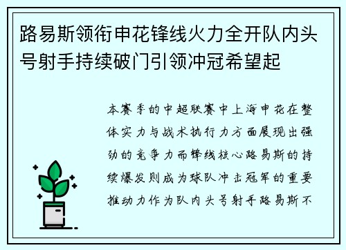 路易斯领衔申花锋线火力全开队内头号射手持续破门引领冲冠希望起