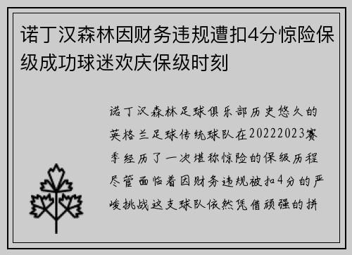 诺丁汉森林因财务违规遭扣4分惊险保级成功球迷欢庆保级时刻 诺丁汉森林因财务违规遭扣4分惊险保级成功球迷欢庆保级时刻