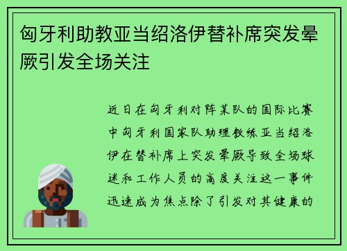 匈牙利助教亚当绍洛伊替补席突发晕厥引发全场关注 匈牙利助教亚当绍洛伊替补席突发晕厥引发全场关注
